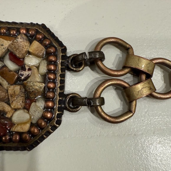 Vintage BELT Mosaic Stone Link ~ Antique Brass Octagon & Circle Boho ~ EUC - Picture 7 of 16